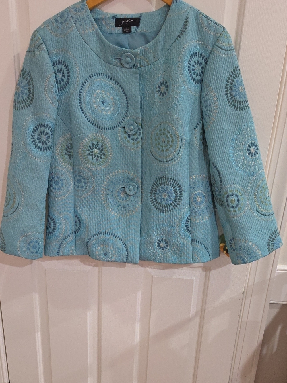 Vintage Josephine Chaus Turquoise Medallion Matelassé Collarless Jacket- Size 14